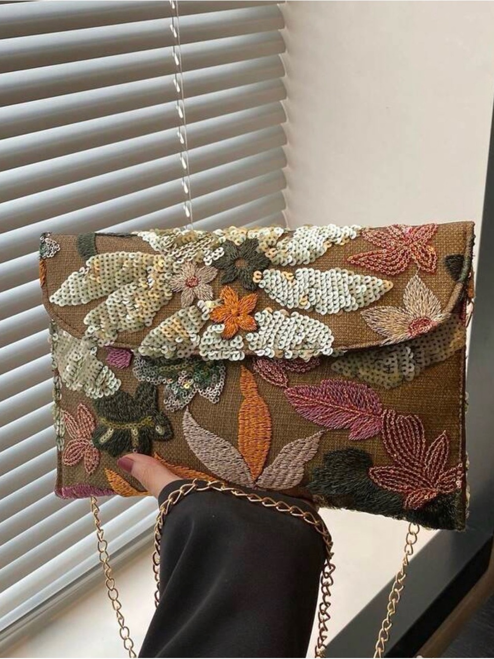 New Sequin Embroidered Floral Envelope clutch purse